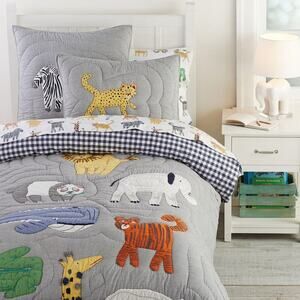Pottery Barn Kids Silly Safari Quilt Animals Zoo Gray Full Queen Bedding Bed